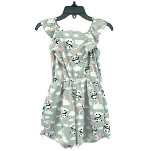 Shosho Girl’s Gray Panda Rainbow Clouds Ruffle Smocked Sleeveless Romper Size 5